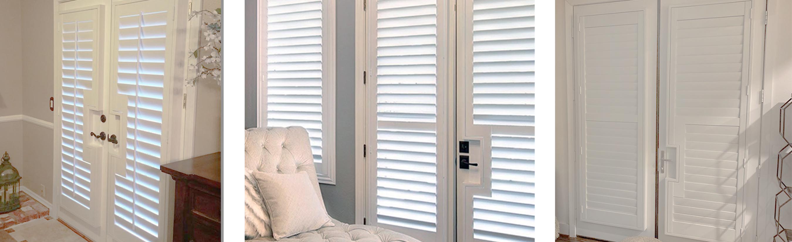 Three different French doors with white shutters.